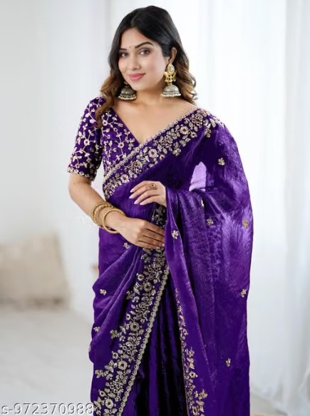 Women’s Designer Embroidered Saree – Mauve & Purple