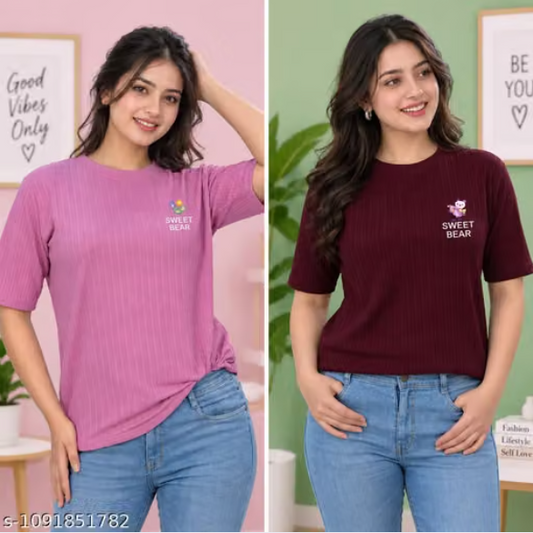 Women’s Ribbed Half Sleeve T-Shirt Combo – Pink & Maroon