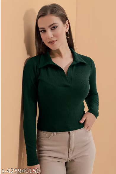 Casual Polyester Blend Ribbed Collar V-Neck & Regular Long Sleeves Stylish Lavender Top (20"Inches)