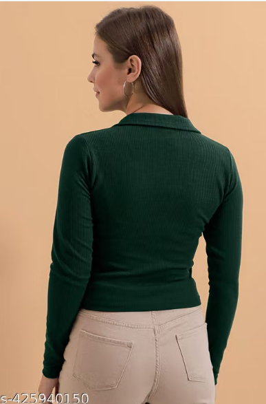 Casual Polyester Blend Ribbed Collar V-Neck & Regular Long Sleeves Stylish Lavender Top (20"Inches)