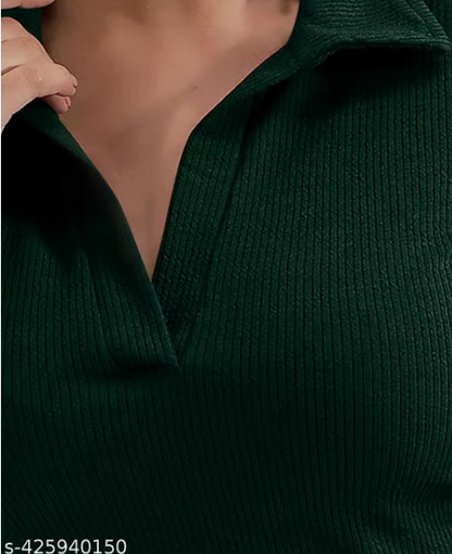 Casual Polyester Blend Ribbed Collar V-Neck & Regular Long Sleeves Stylish Lavender Top (20"Inches)