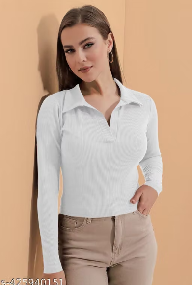 Casual Polyester Blend Ribbed Collar V-Neck & Regular Long Sleeves Stylish Lavender Top (20"Inches)