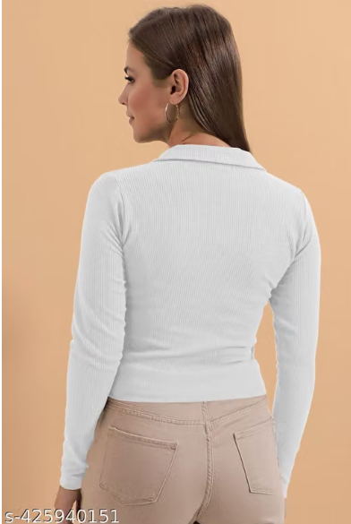 Casual Polyester Blend Ribbed Collar V-Neck & Regular Long Sleeves Stylish Lavender Top (20"Inches)