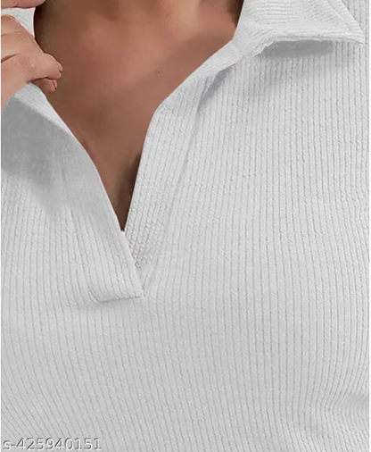 Casual Polyester Blend Ribbed Collar V-Neck & Regular Long Sleeves Stylish Lavender Top (20"Inches)
