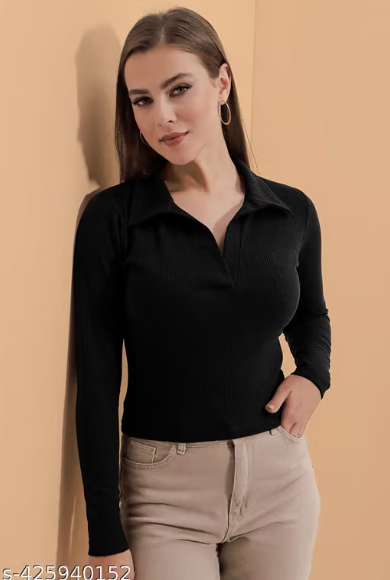 Casual Polyester Blend Ribbed Collar V-Neck & Regular Long Sleeves Stylish Lavender Top (20"Inches)