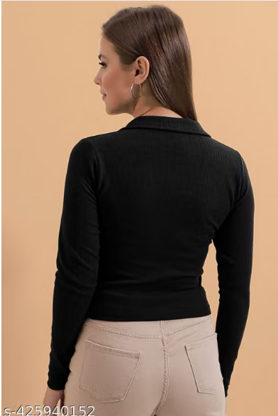 Casual Polyester Blend Ribbed Collar V-Neck & Regular Long Sleeves Stylish Lavender Top (20"Inches)