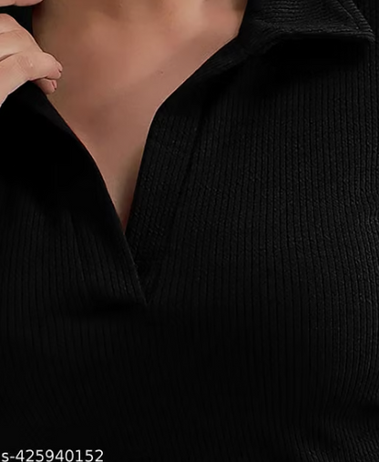 Casual Polyester Blend Ribbed Collar V-Neck & Regular Long Sleeves Stylish Lavender Top (20"Inches)