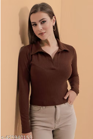 Casual Polyester Blend Ribbed Collar V-Neck & Regular Long Sleeves Stylish Lavender Top (20"Inches)