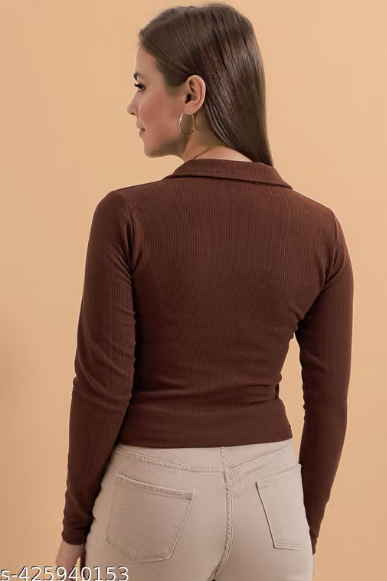 Casual Polyester Blend Ribbed Collar V-Neck & Regular Long Sleeves Stylish Lavender Top (20"Inches)