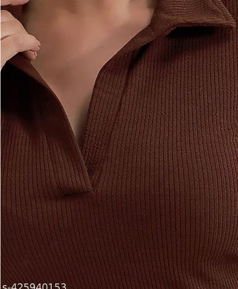 Casual Polyester Blend Ribbed Collar V-Neck & Regular Long Sleeves Stylish Lavender Top (20"Inches)