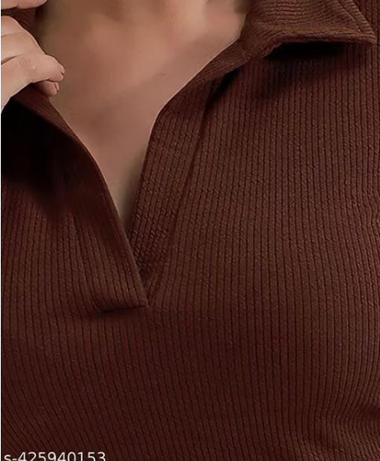 Casual Polyester Blend Ribbed Collar V-Neck & Regular Long Sleeves Stylish Lavender Top (20"Inches)