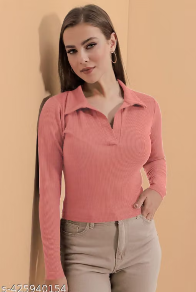 Casual Polyester Blend Ribbed Collar V-Neck & Regular Long Sleeves Stylish Lavender Top (20"Inches)