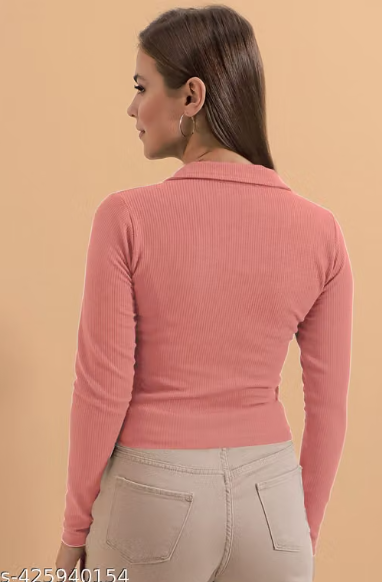 Casual Polyester Blend Ribbed Collar V-Neck & Regular Long Sleeves Stylish Lavender Top (20"Inches)