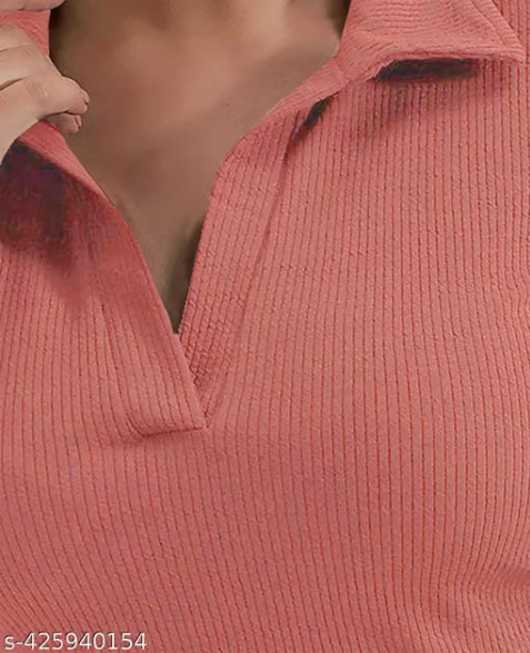 Casual Polyester Blend Ribbed Collar V-Neck & Regular Long Sleeves Stylish Lavender Top (20"Inches)