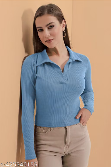 Casual Polyester Blend Ribbed Collar V-Neck & Regular Long Sleeves Stylish Lavender Top (20"Inches)