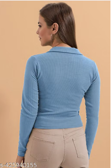 Casual Polyester Blend Ribbed Collar V-Neck & Regular Long Sleeves Stylish Lavender Top (20"Inches)