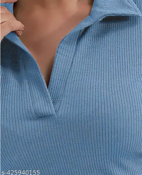 Casual Polyester Blend Ribbed Collar V-Neck & Regular Long Sleeves Stylish Lavender Top (20"Inches)