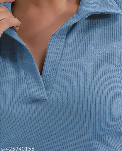 Casual Polyester Blend Ribbed Collar V-Neck & Regular Long Sleeves Stylish Lavender Top (20"Inches)