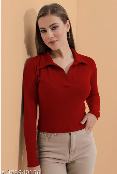 Casual Polyester Blend Ribbed Collar V-Neck & Regular Long Sleeves Stylish Lavender Top (20"Inches)