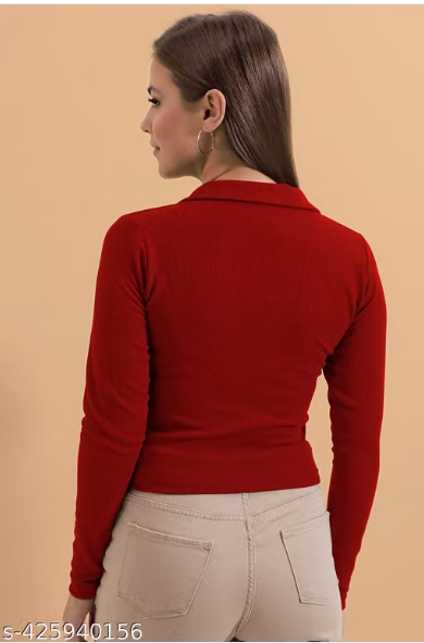 Casual Polyester Blend Ribbed Collar V-Neck & Regular Long Sleeves Stylish Lavender Top (20"Inches)