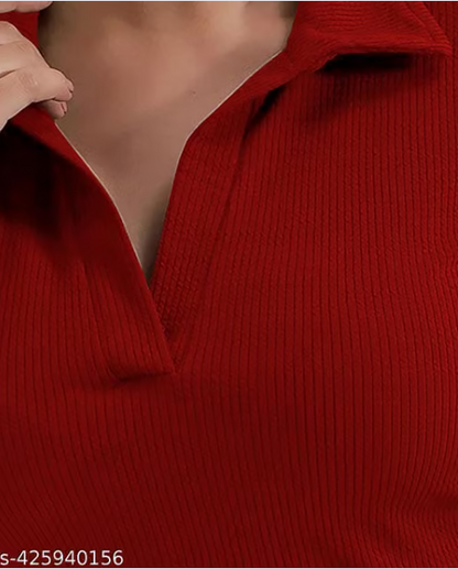 Casual Polyester Blend Ribbed Collar V-Neck & Regular Long Sleeves Stylish Lavender Top (20"Inches)
