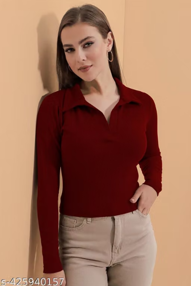 Casual Polyester Blend Ribbed Collar V-Neck & Regular Long Sleeves Stylish Lavender Top (20"Inches)
