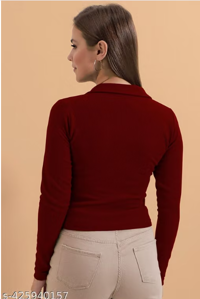 Casual Polyester Blend Ribbed Collar V-Neck & Regular Long Sleeves Stylish Lavender Top (20"Inches)