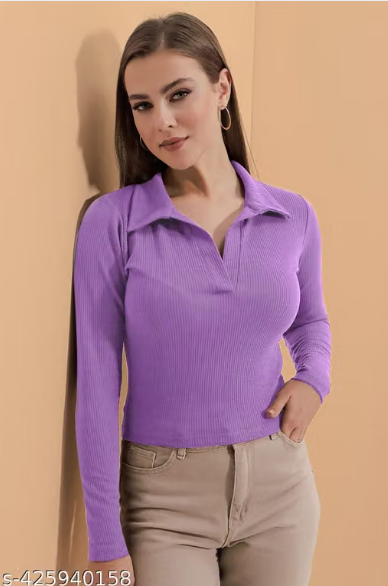 Casual Polyester Blend Ribbed Collar V-Neck & Regular Long Sleeves Stylish Lavender Top (20"Inches)