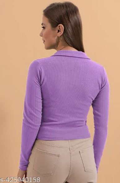 Casual Polyester Blend Ribbed Collar V-Neck & Regular Long Sleeves Stylish Lavender Top (20"Inches)