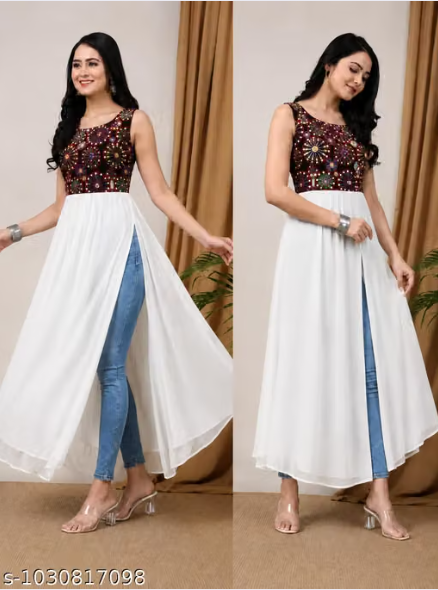 Women’s Embroidered Anarkali Style Kurti with Inner Jeans Look