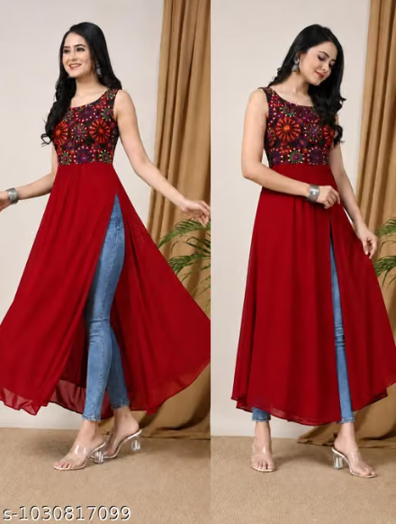Women’s Embroidered Anarkali Style Kurti with Inner Jeans Look