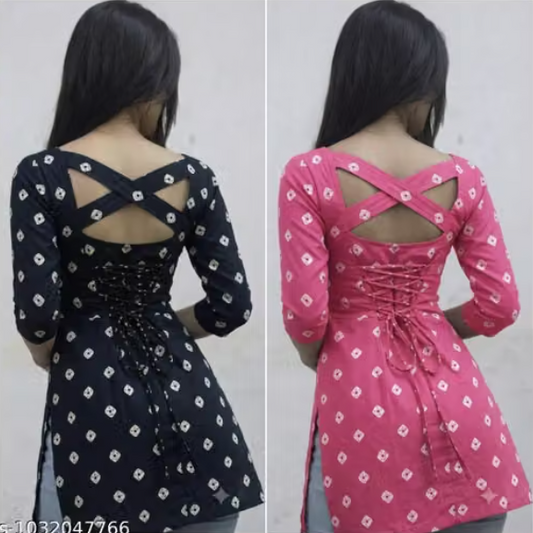 Women’s Printed Back-Tie A-Line Kurti – Black & Pink