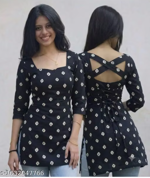Women’s Printed Back-Tie A-Line Kurti – Black & Pink