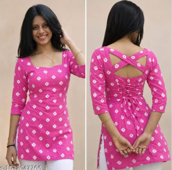 Women’s Printed Back-Tie A-Line Kurti – Black & Pink