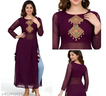 Women’s Wine Purple Embroidered Straight Kurti – Full Sleeve