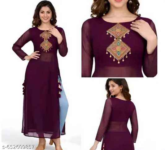 Women’s Wine Purple Embroidered Straight Kurti – Full Sleeve