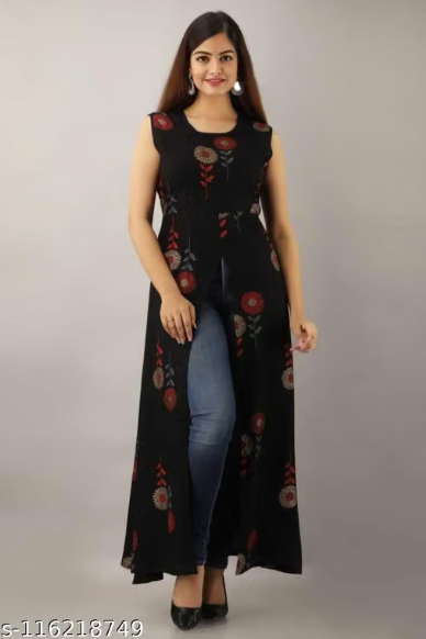Women’s Black Sleeveless Printed Anarkali Kurti – Floral Design