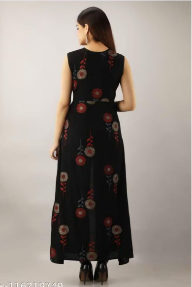 Women’s Black Sleeveless Printed Anarkali Kurti – Floral Design