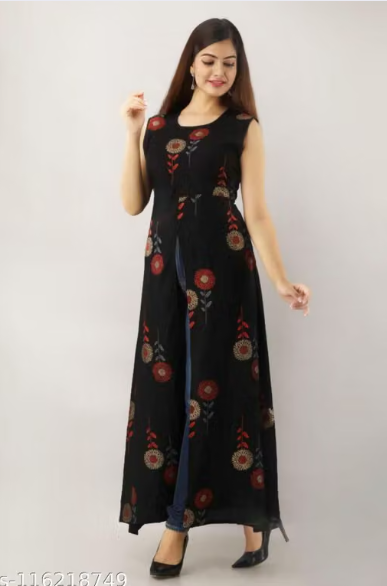 Women’s Black Sleeveless Printed Anarkali Kurti – Floral Design