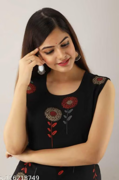 Women’s Black Sleeveless Printed Anarkali Kurti – Floral Design