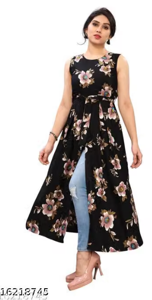 Women’s Black Sleeveless Printed Anarkali Kurti – Floral Design