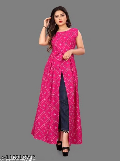 Women’s Black Sleeveless Printed Anarkali Kurti – Floral Design