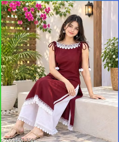 Women’s Wine & White Cotton Blend Kurta Set with Lace Detailing