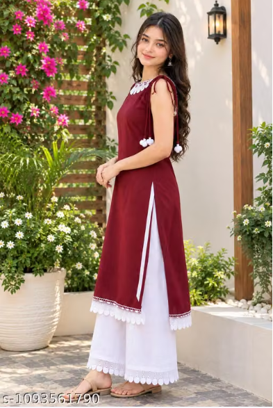 Women’s Wine & White Cotton Blend Kurta Set with Lace Detailing