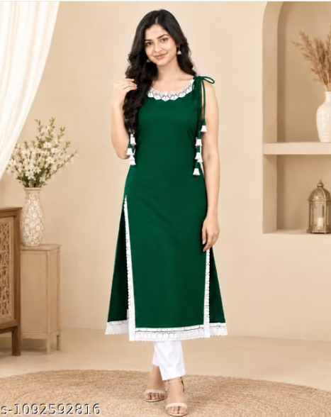 Women’s Green Sleeveless Kurta with White Pants – Lace & Tassel Detail