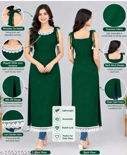 Women’s Green Sleeveless Kurta with White Pants – Lace & Tassel Detail