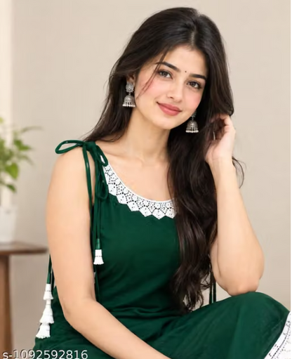 Women’s Green Sleeveless Kurta with White Pants – Lace & Tassel Detail