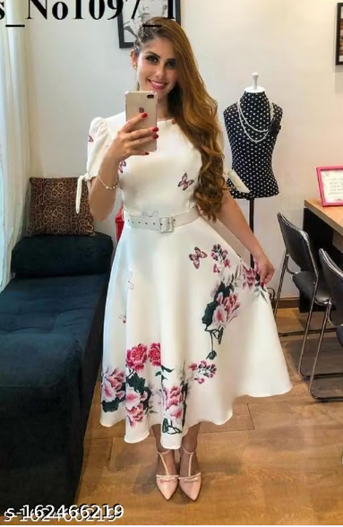 Women’s Elegant Floral Print A-Line Midi Dress