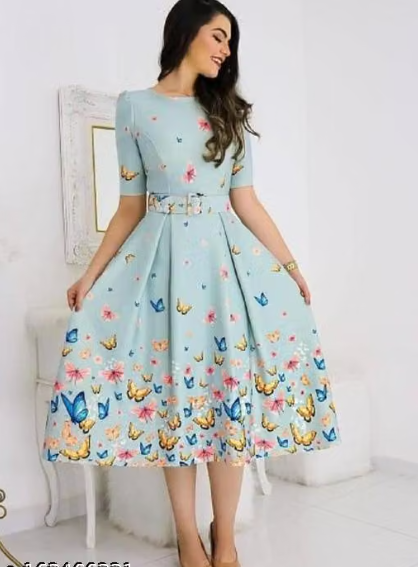 Women’s Elegant Floral Print A-Line Midi Dress