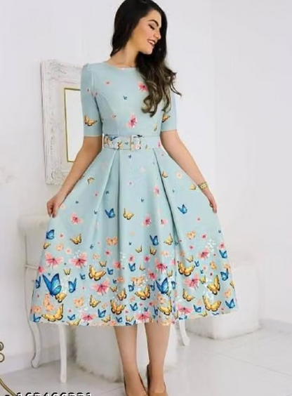 Women’s Elegant Floral Print A-Line Midi Dress